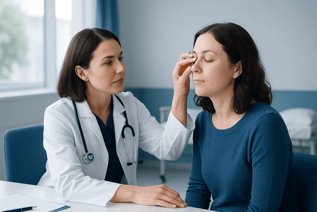 Doctor examining a patient's eyelid in a clinical setting.
