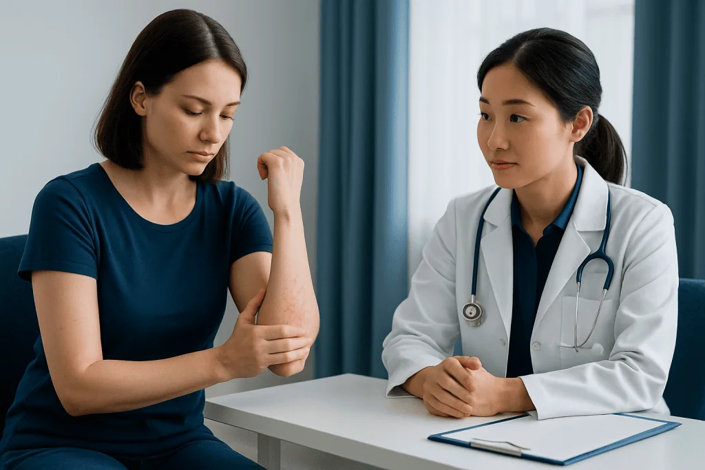 Doctor examines patient's arm for skin allergy or hives.