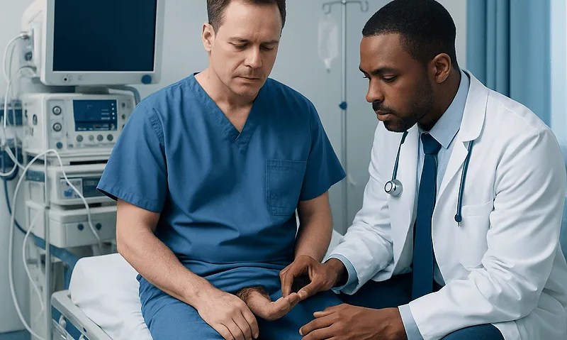 Health Library 4 Doctor examining male patient's genital area in hospital room.