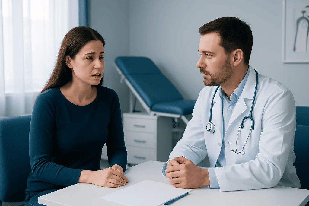 Doctor consulting with a woman patient about bleeding after sex and IUDs.