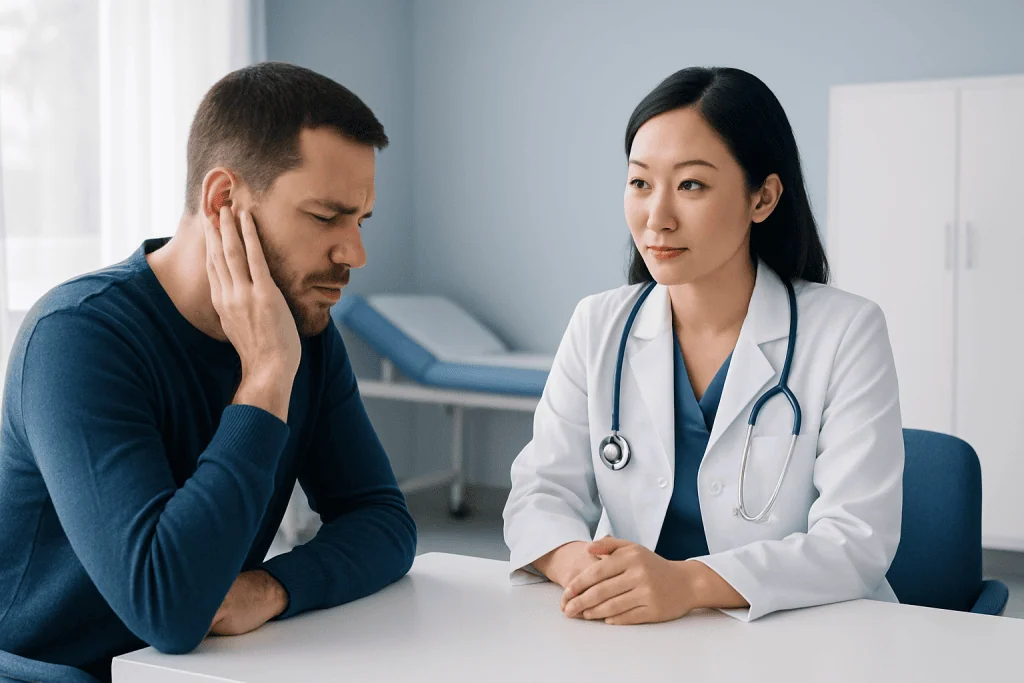 Patient consulting doctor about ear pressure symptoms in a medical clinic.