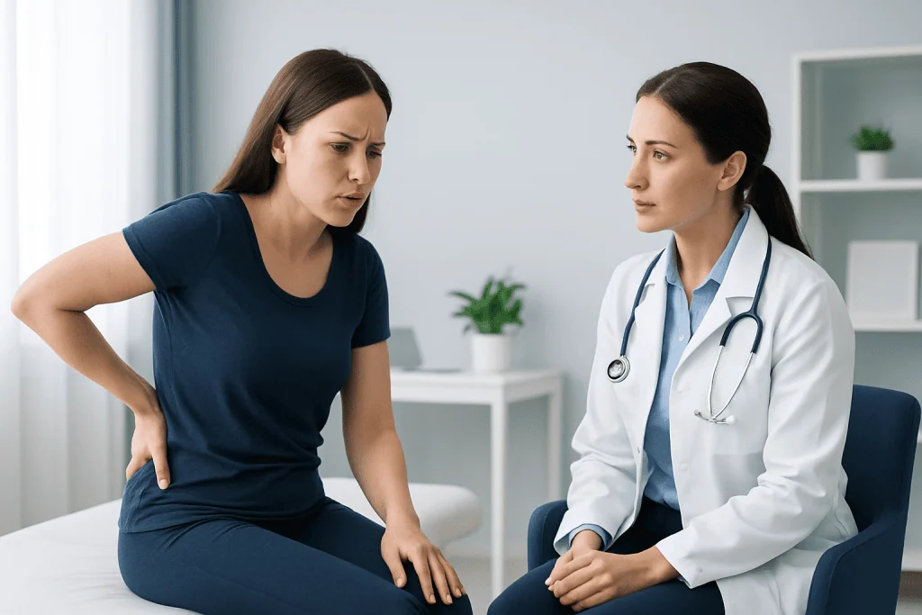 Female patient experiencing lower back and thigh pain during consultation.
