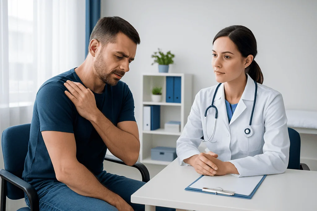 Patient experiencing shoulder pain during medical consultation at Acibadem Hospital.