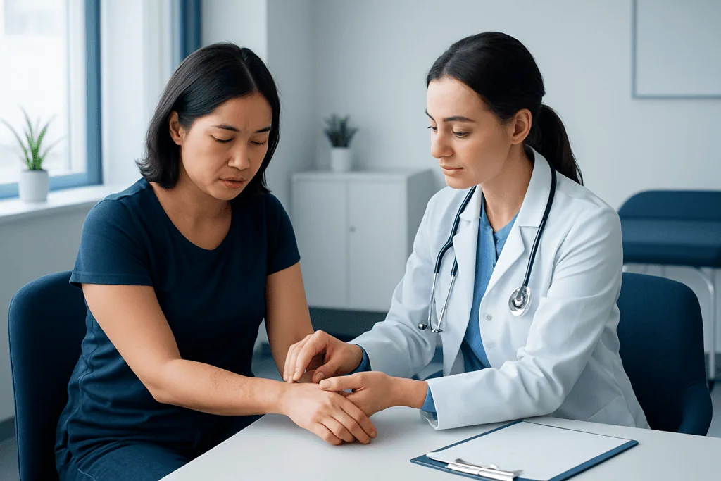 Doctor examining patient's arm in a medical consultation room.