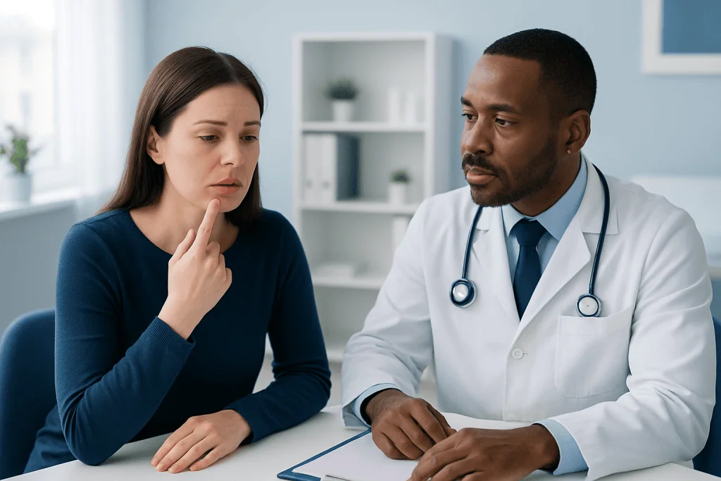 Doctor consulting with woman about lip scab in a medical office.