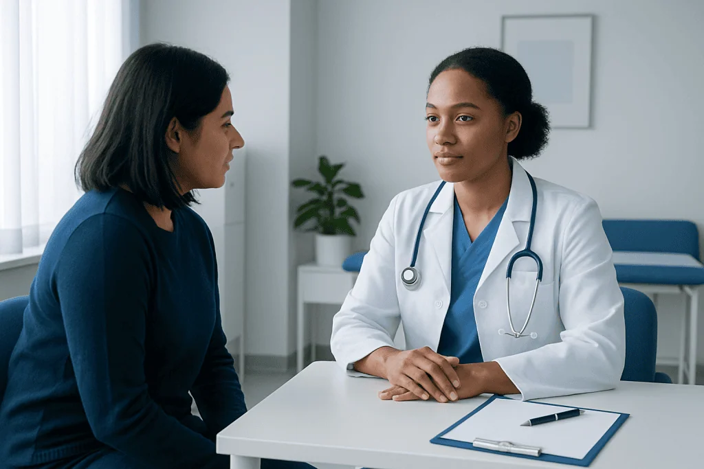 Doctor consulting with a patient about oral health in a clinic setting.