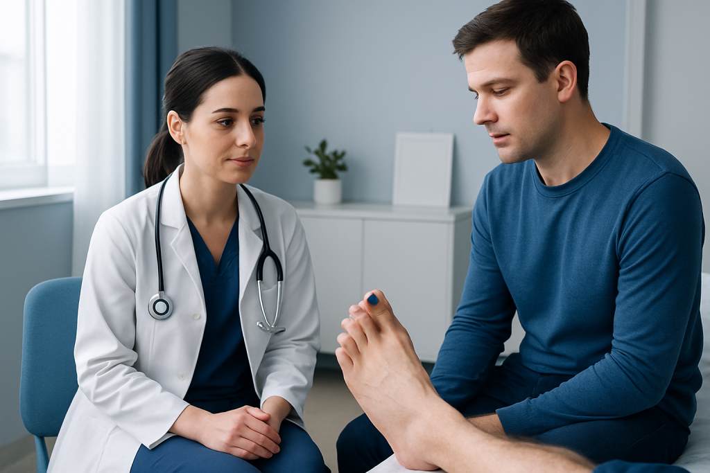 Doctor consulting with patient about toenail health at Acibadem Hospital.