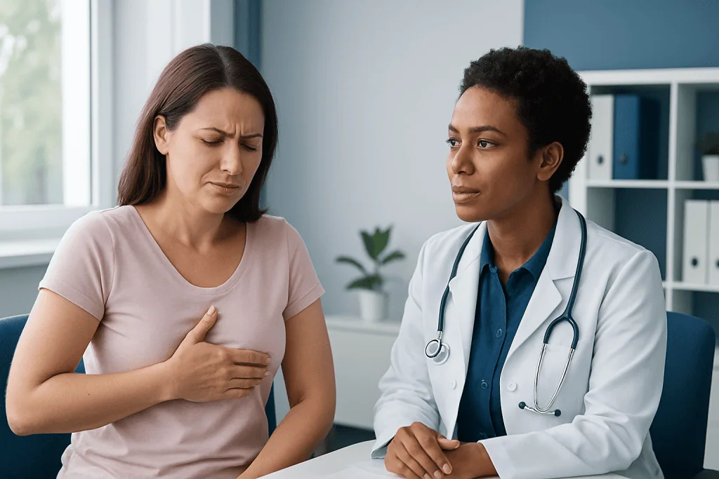 Woman experiencing chest pain during medical consultation with doctor.