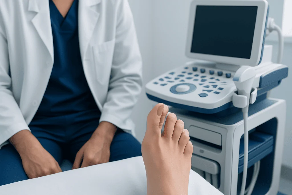Medical professional performing a toenail examination with ultrasound device.