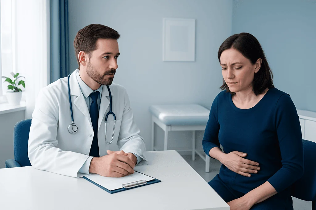 Doctor consulting with a woman patient about stomach discomfort.