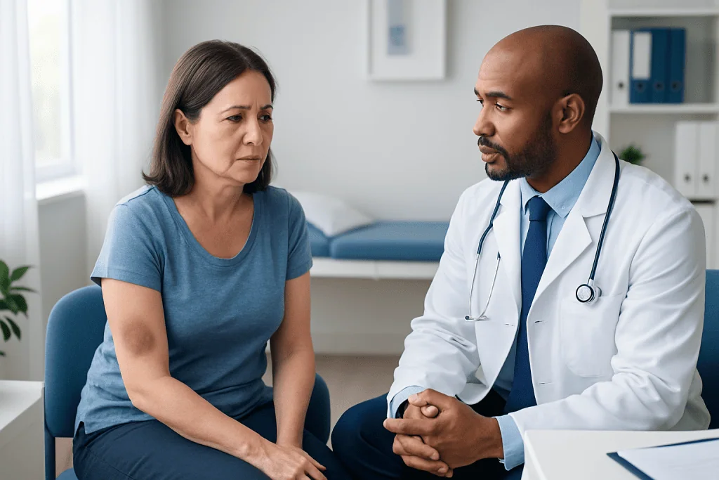 Doctor discussing health concerns with a female patient in a clinic.