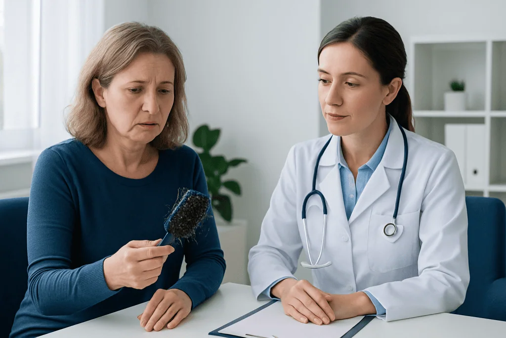 Doctor explaining hair brush to patient in consultation room.