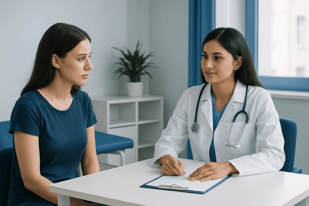 Doctor consulting with a patient in a medical office setting.