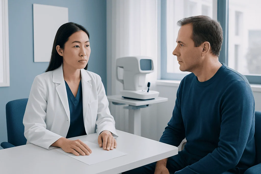 Doctor consulting with male patient in a medical office.