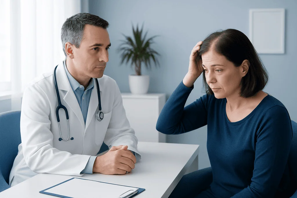 Doctor consulting with a woman about hair loss concerns.