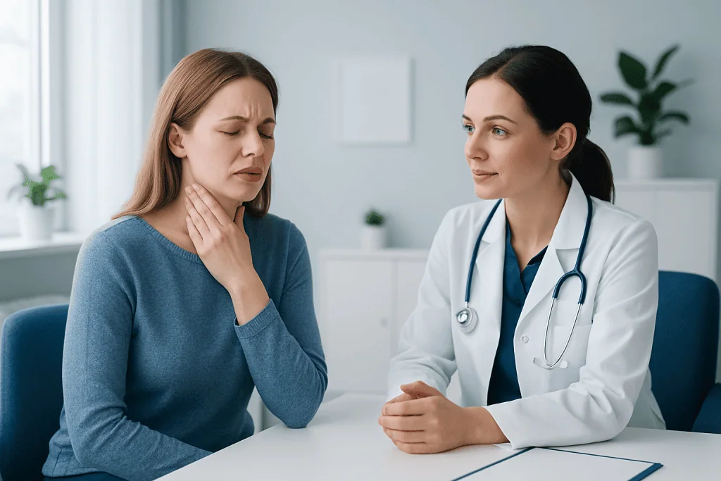 Woman with sore throat consulting a doctor in a clinic setting.