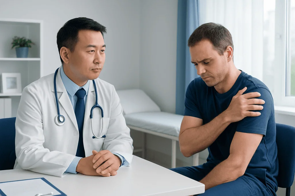 Doctor consulting with patient about shoulder pain in a clinical setting.