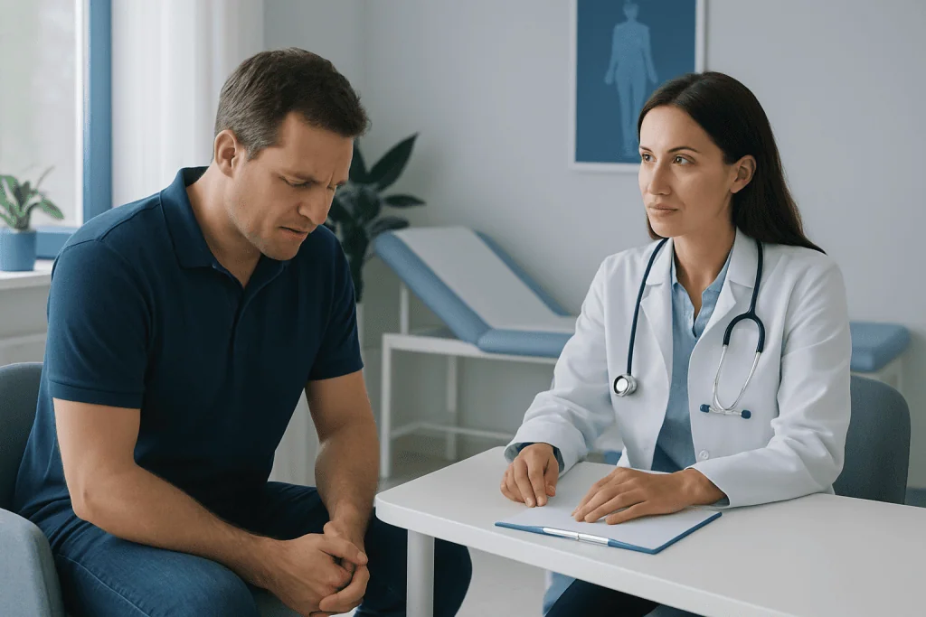 Doctor consulting male patient about health concerns in a medical office.