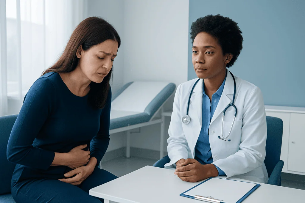 Doctor consulting with a woman experiencing abdominal pain in a clinic.