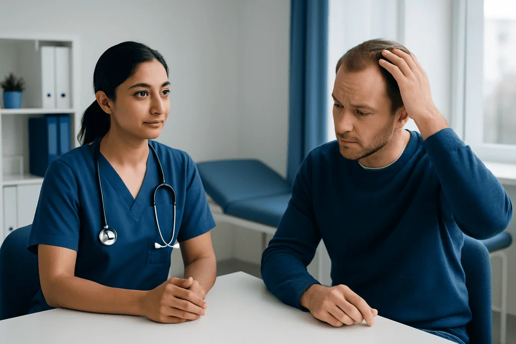 Patient consulting with a healthcare professional about scalp issues.