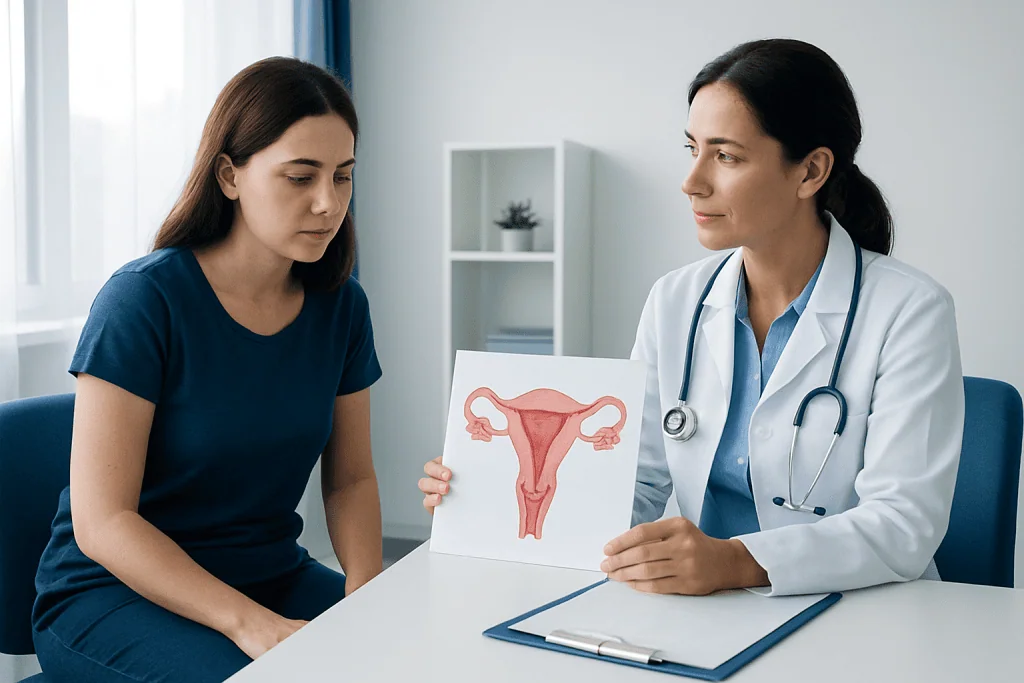 Doctor explaining uterine health to a patient with a diagram of the female reproductive system.