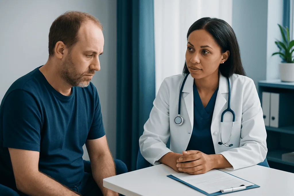 Doctor consulting with male patient about health concerns in clinic.