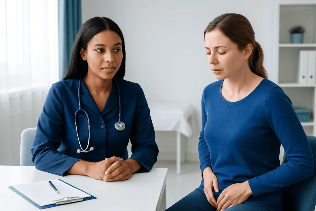 Doctor consulting a patient about vaginal health concerns in a clinical setting.