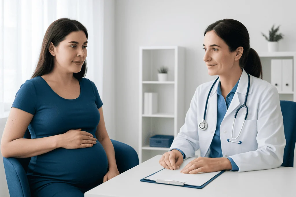 Pregnant woman consulting with a doctor in a medical office.