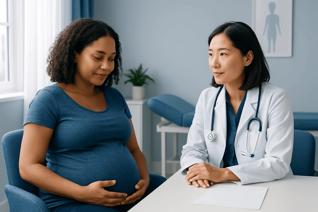 Pregnant woman consulting with a doctor in a medical office.
