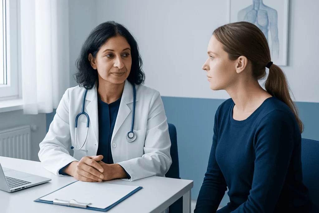 Doctor consulting with a patient in a medical office setting.
