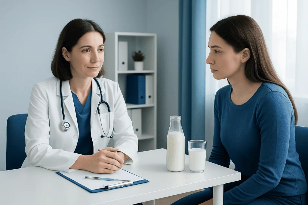 Doctor consulting with a patient about unboiled milk benefits in a clinical setting.