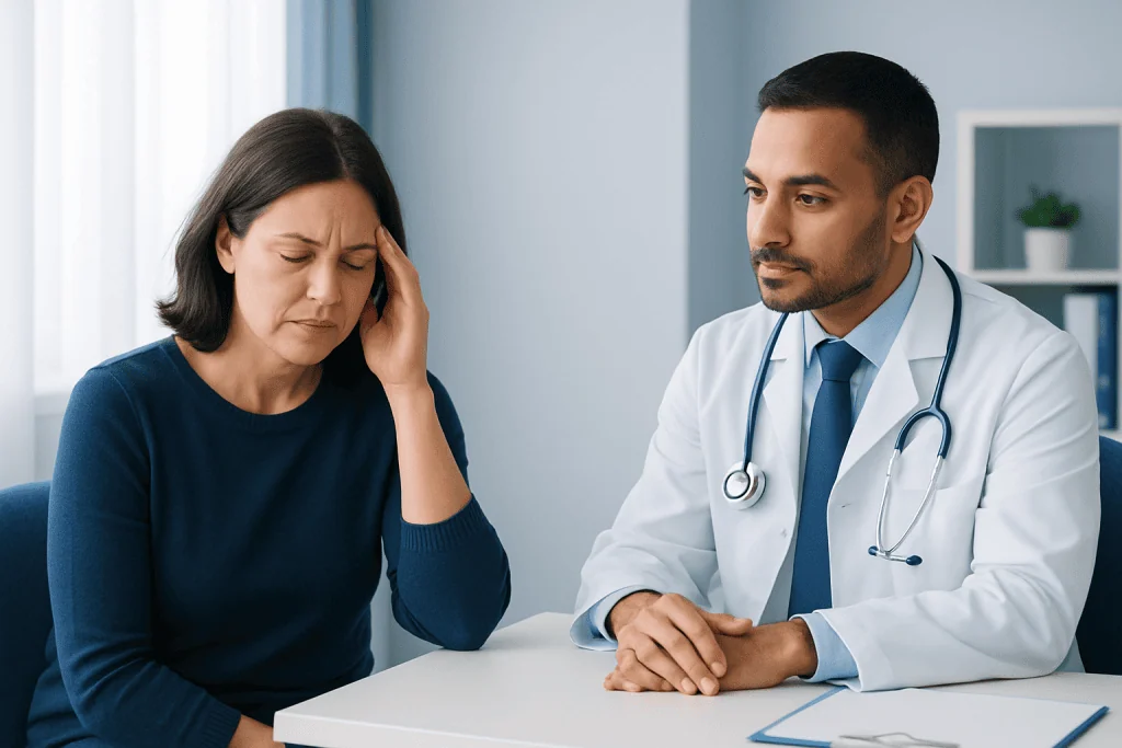 Doctor consulting with a woman experiencing headache or discomfort.
