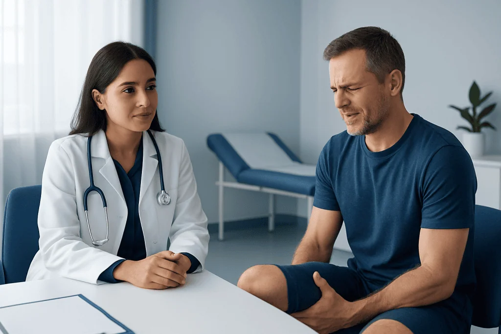 Doctor consulting a patient with leg pain in a medical office.