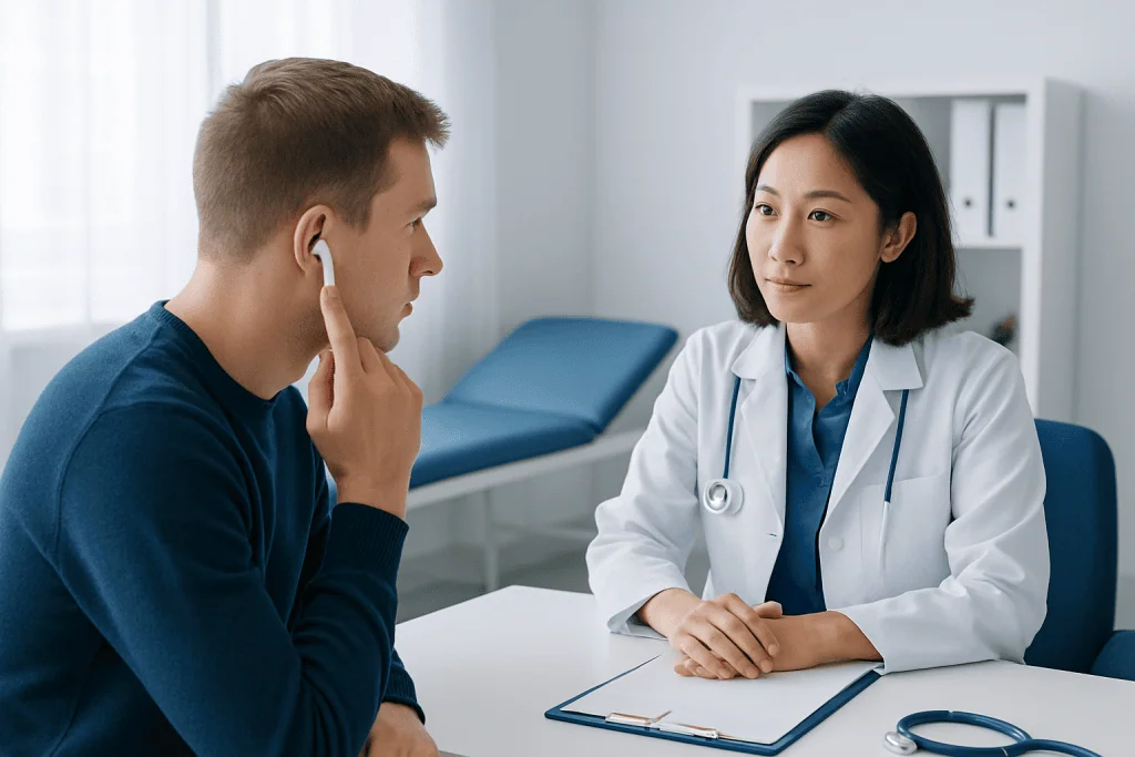 Doctor consulting with a young male patient in a medical office.