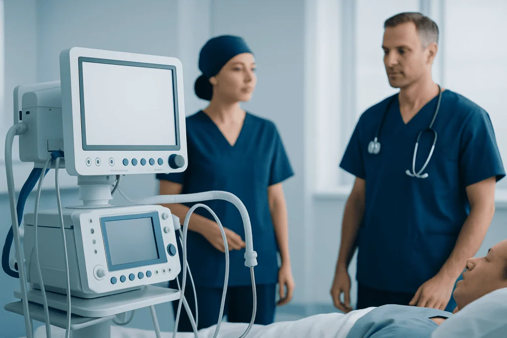 Medical team discussing patient care in hospital room with monitors.