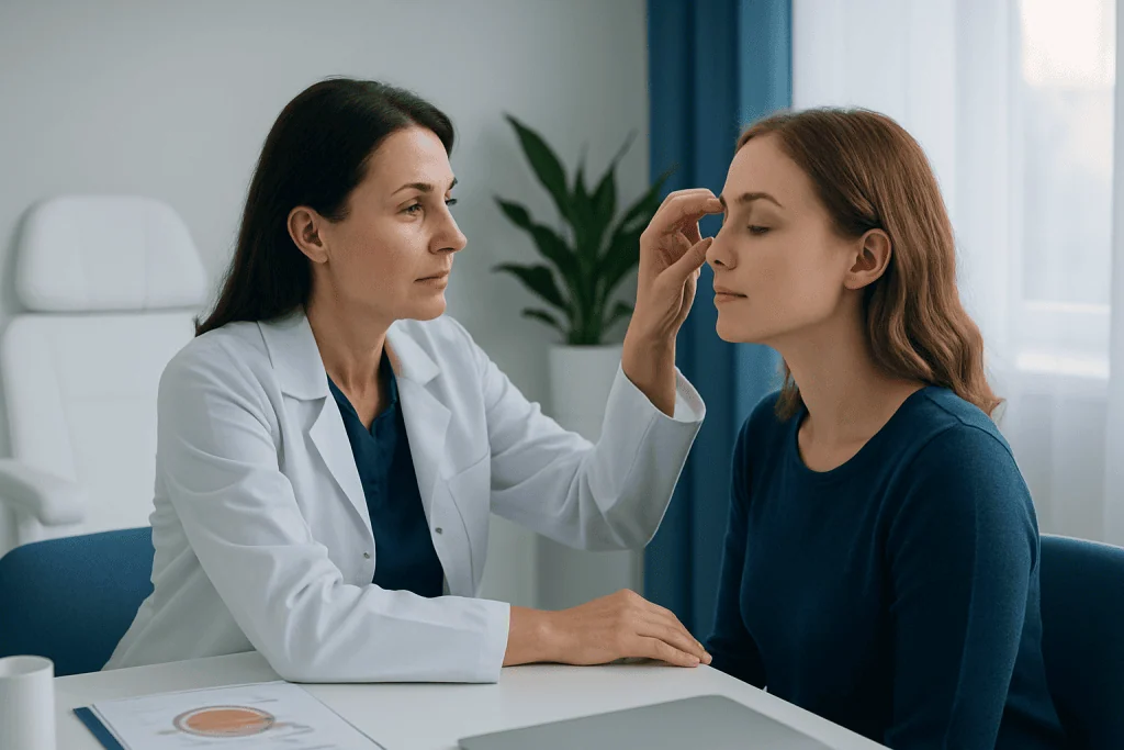 Ophthalmologist examining a patient's eye in a clinical setting.