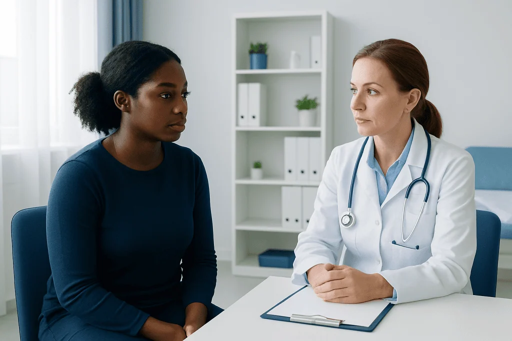 Doctor consulting with a patient in a medical office setting.