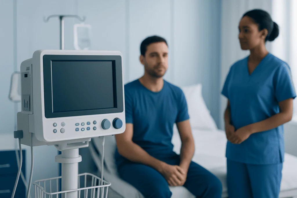 Hospital room with patient and nurse near medical monitor.