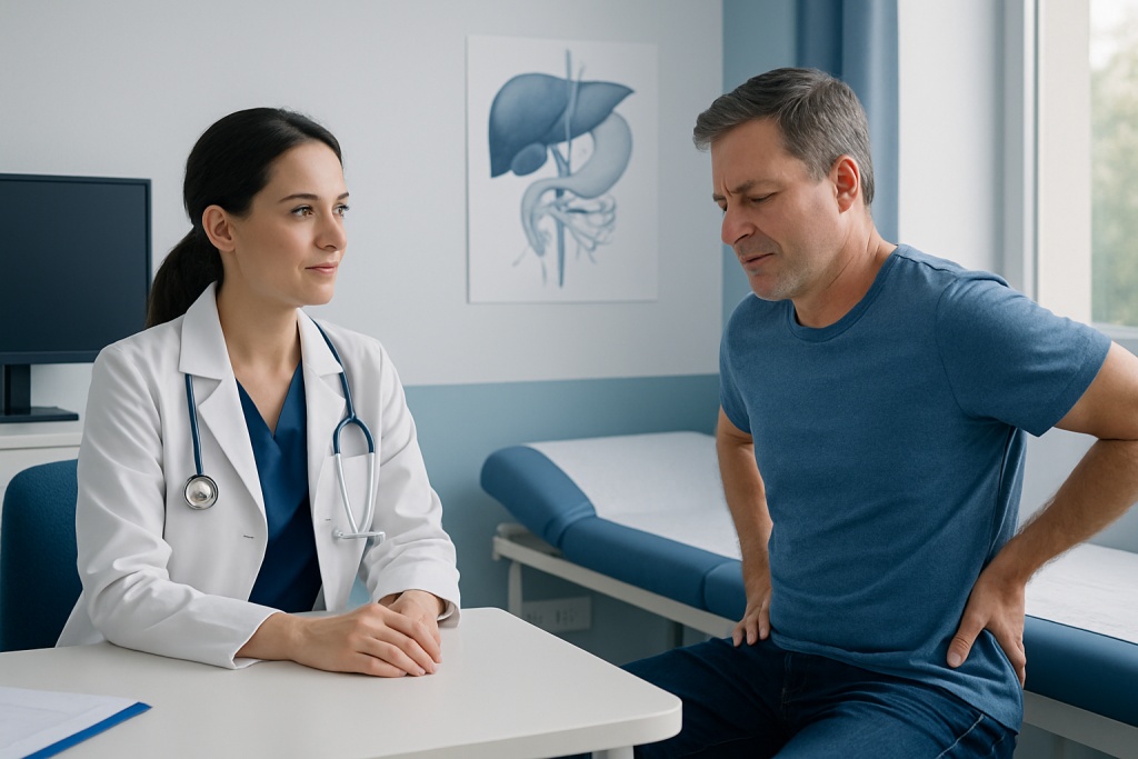 Doctor consulting with patient about gallbladder and back pain symptoms.