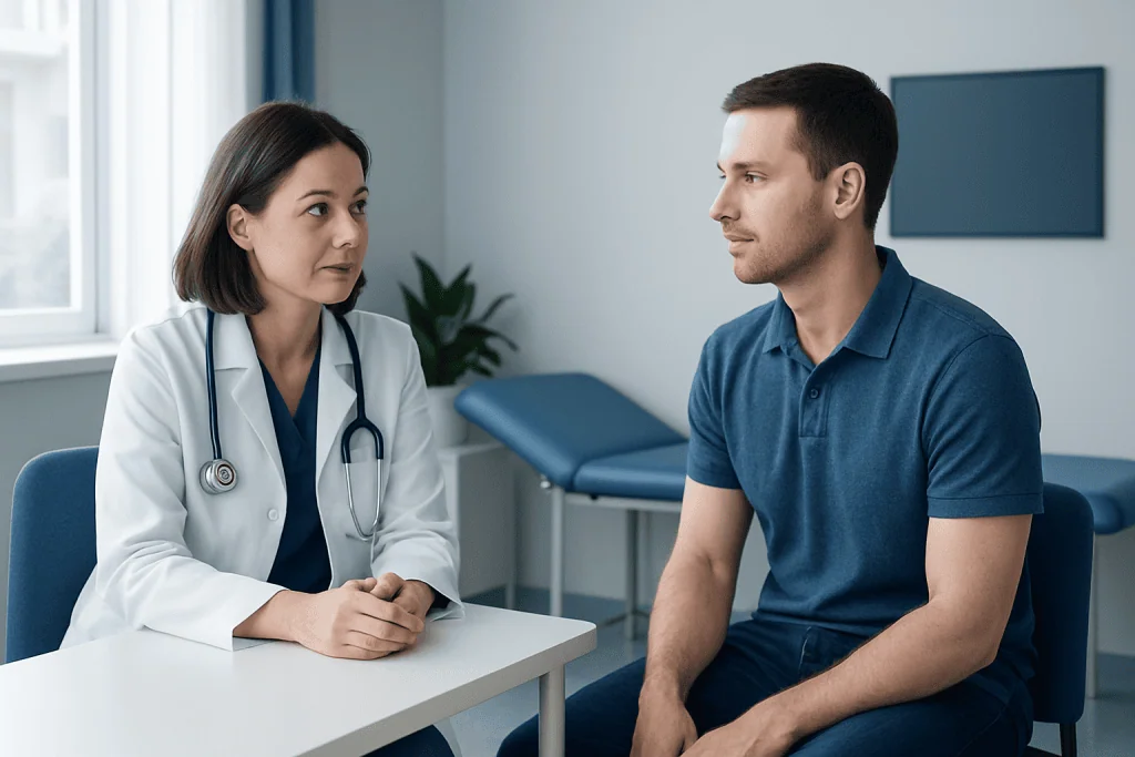 Doctor consulting with patient in a medical office.