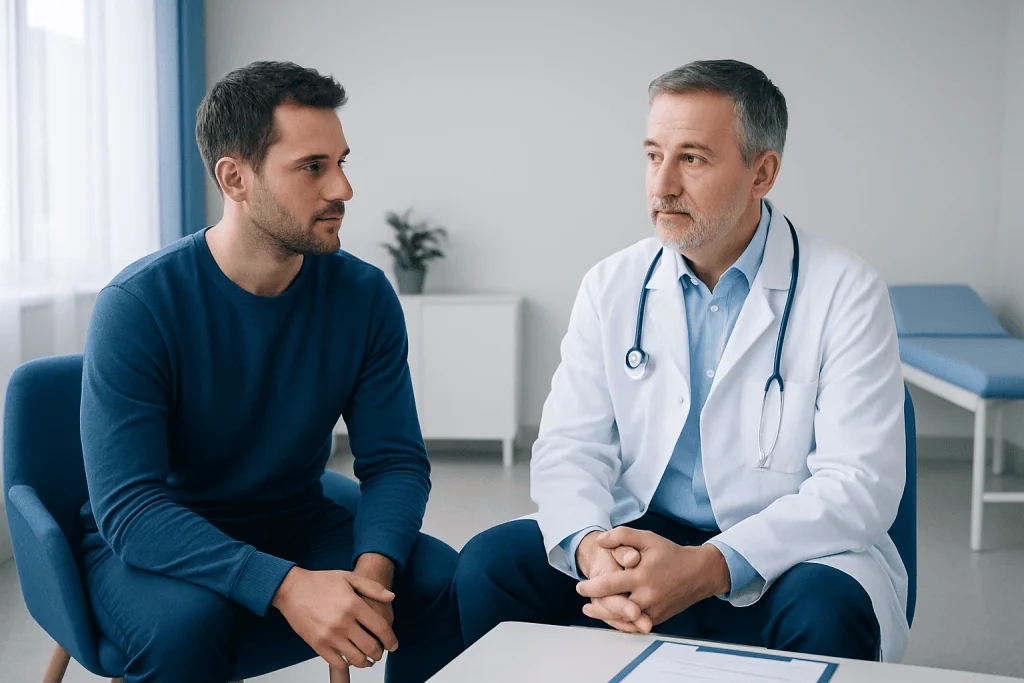 Doctor consulting with a male patient in a medical office setting.