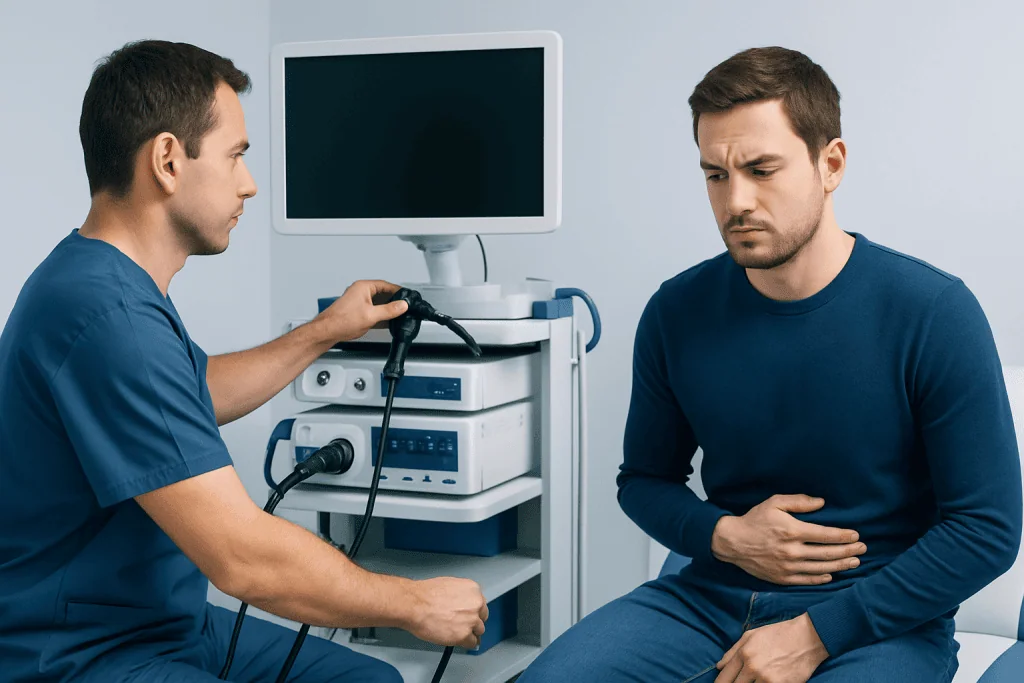Doctor performs abdominal exam on patient in clinic setting.