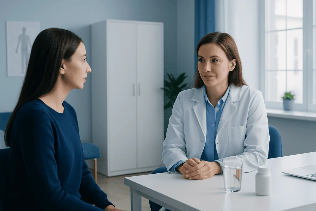 Doctor consulting with patient in a medical office setting.