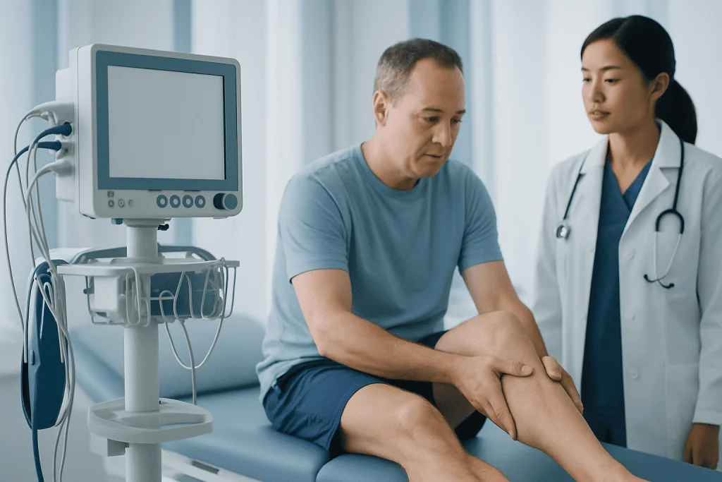 Doctor examining patient's knee in a hospital setting.