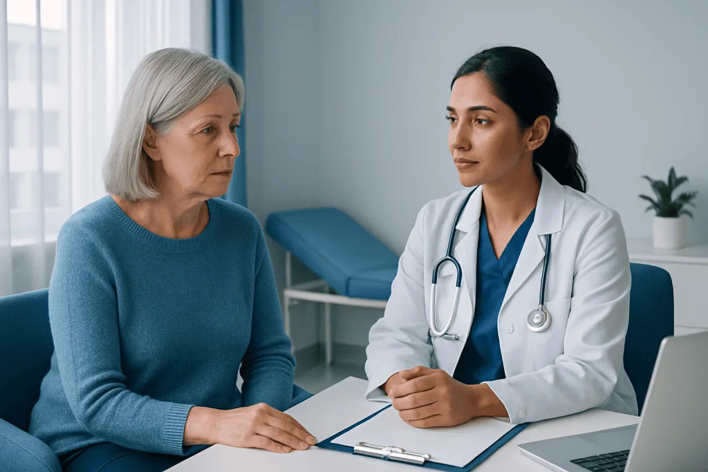 Doctor consulting with an elderly female patient in a medical office.