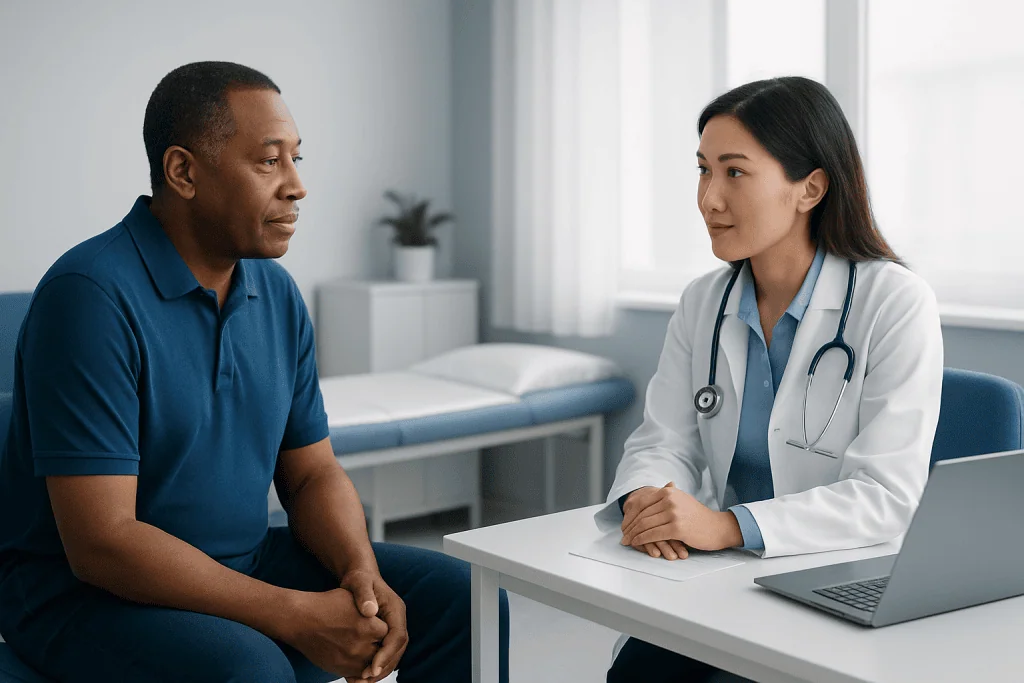 Doctor consulting with a patient in a medical office setting.