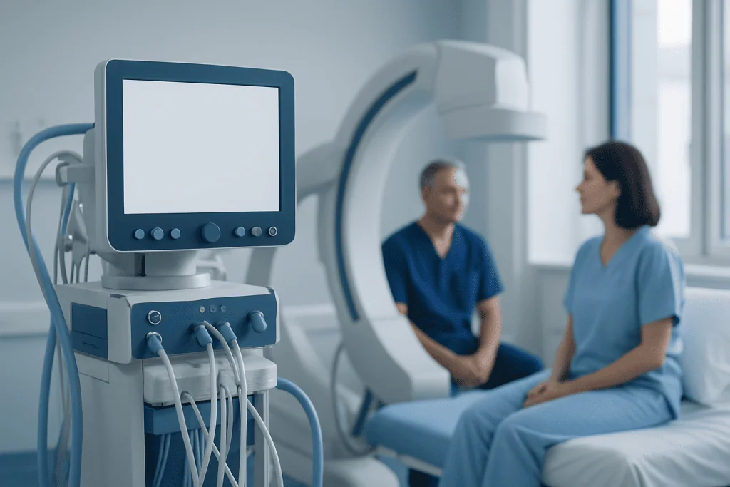 Medical imaging procedure in a hospital with a patient and healthcare professional.
