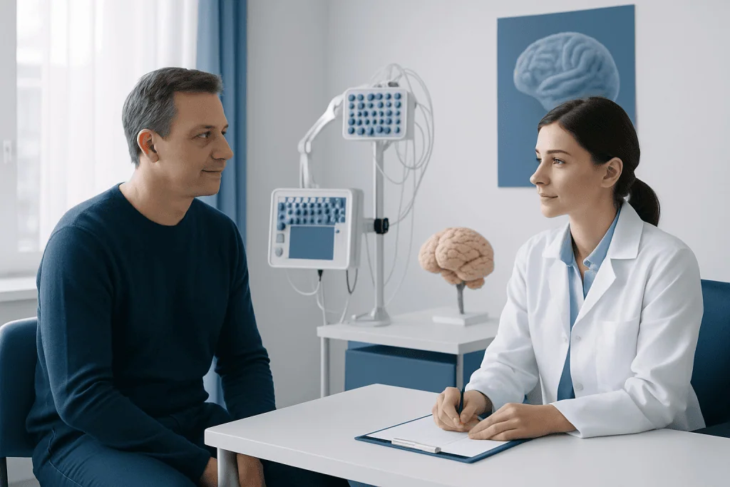 Neurophysiologist consulting with patient in a medical office.