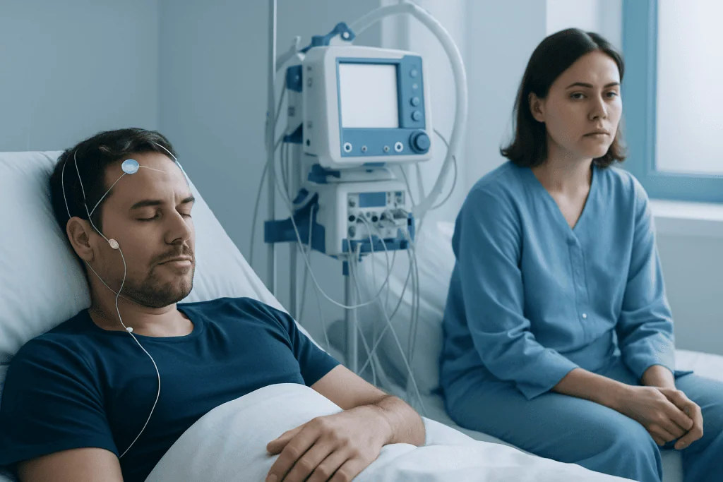 Patient in hospital bed with EEG monitoring equipment and a concerned visitor.