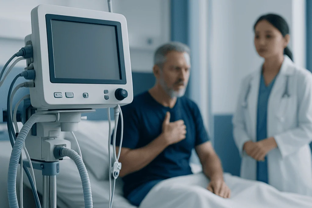 Patient in hospital bed with medical monitor and healthcare professional nearby.